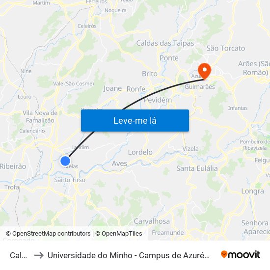 Caldas to Universidade do Minho - Campus de Azurém / Guimarães map