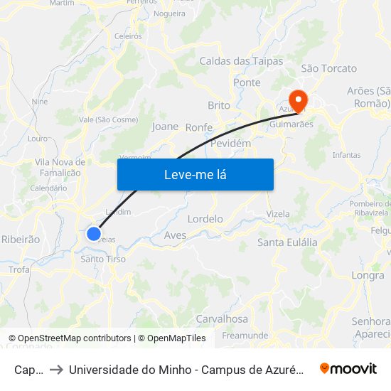 Capela to Universidade do Minho - Campus de Azurém / Guimarães map