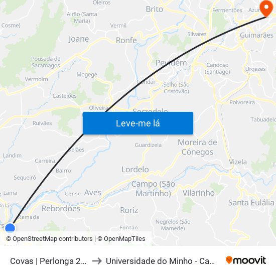 Covas | Perlonga 2 | Casa de Repouso to Universidade do Minho - Campus de Azurém / Guimarães map