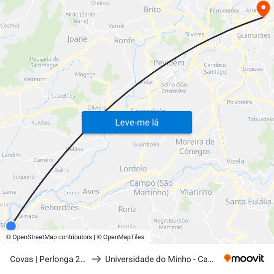 Covas | Perlonga 2 | Casa de Repouso to Universidade do Minho - Campus de Azurém / Guimarães map