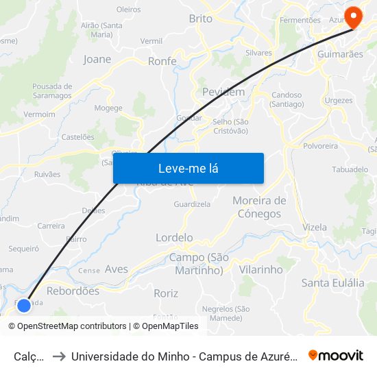 Calçada to Universidade do Minho - Campus de Azurém / Guimarães map