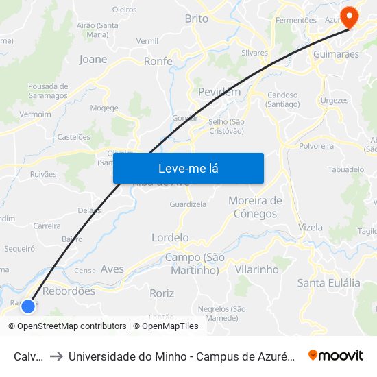 Calvelo to Universidade do Minho - Campus de Azurém / Guimarães map