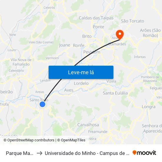 Parque Matadouro to Universidade do Minho - Campus de Azurém / Guimarães map