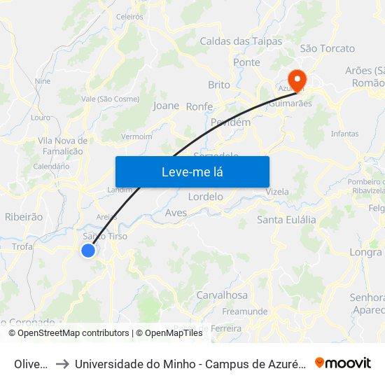 Oliveiras to Universidade do Minho - Campus de Azurém / Guimarães map