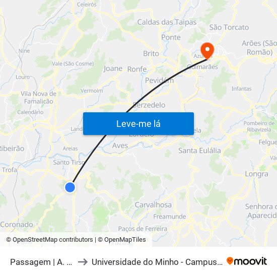 Passagem | A. Figueiredo 1 to Universidade do Minho - Campus de Azurém / Guimarães map