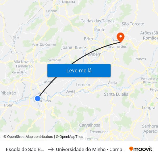 Escola de São Bento da Batalha to Universidade do Minho - Campus de Azurém / Guimarães map