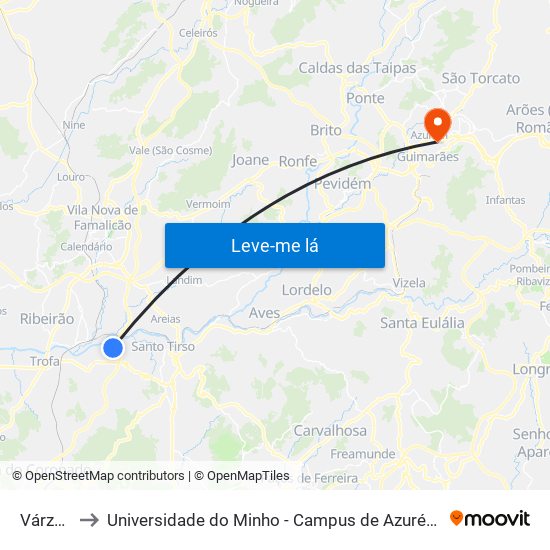 Várzea 2 to Universidade do Minho - Campus de Azurém / Guimarães map