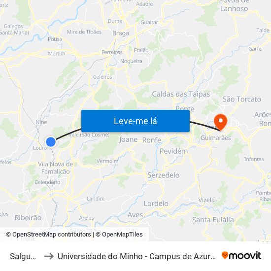 Salgueiros to Universidade do Minho - Campus de Azurém / Guimarães map