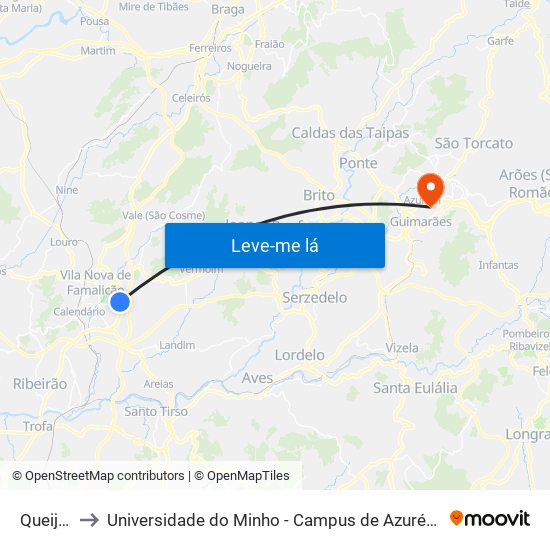 Queijões to Universidade do Minho - Campus de Azurém / Guimarães map