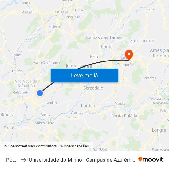 Pouve to Universidade do Minho - Campus de Azurém / Guimarães map