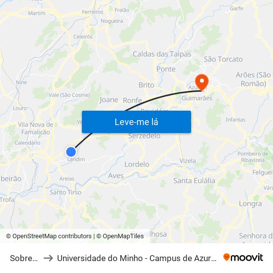 Sobreiral I to Universidade do Minho - Campus de Azurém / Guimarães map