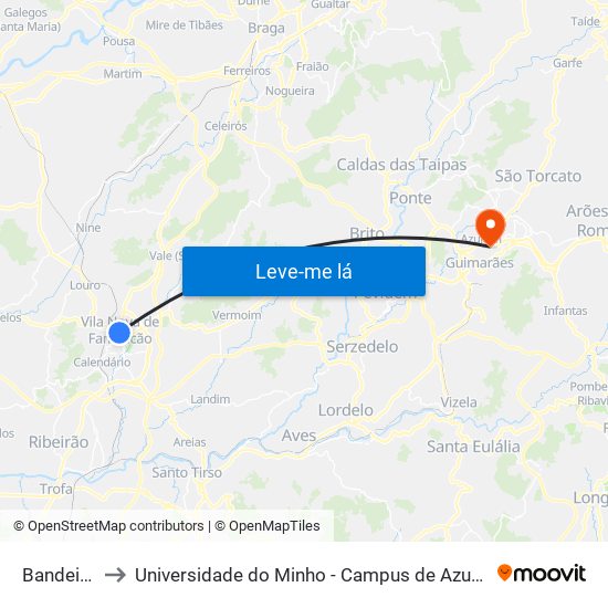 Bandeirinha to Universidade do Minho - Campus de Azurém / Guimarães map