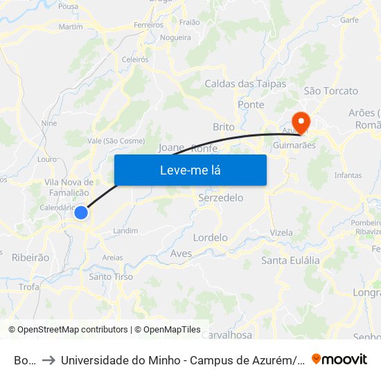 Boca to Universidade do Minho - Campus de Azurém / Guimarães map