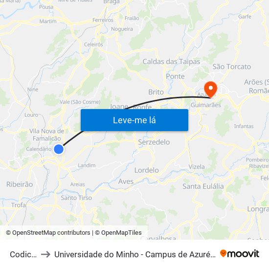 Codiceira to Universidade do Minho - Campus de Azurém / Guimarães map