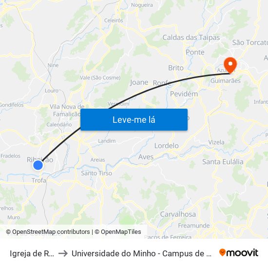 Igreja de Ribeirão to Universidade do Minho - Campus de Azurém / Guimarães map
