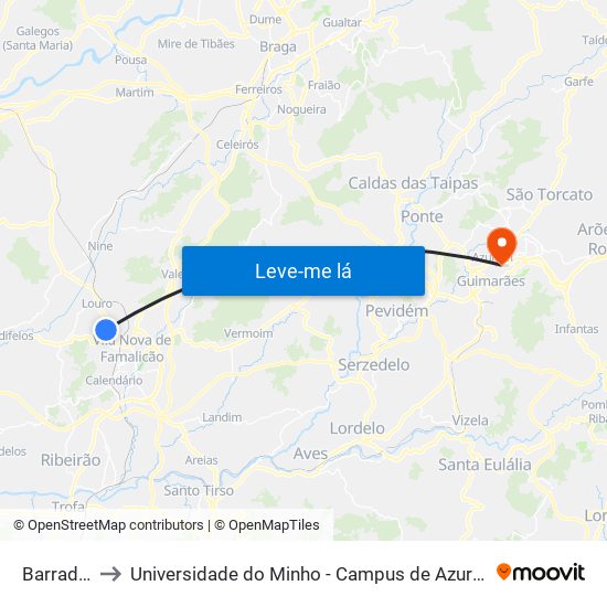 Barradas II to Universidade do Minho - Campus de Azurém / Guimarães map