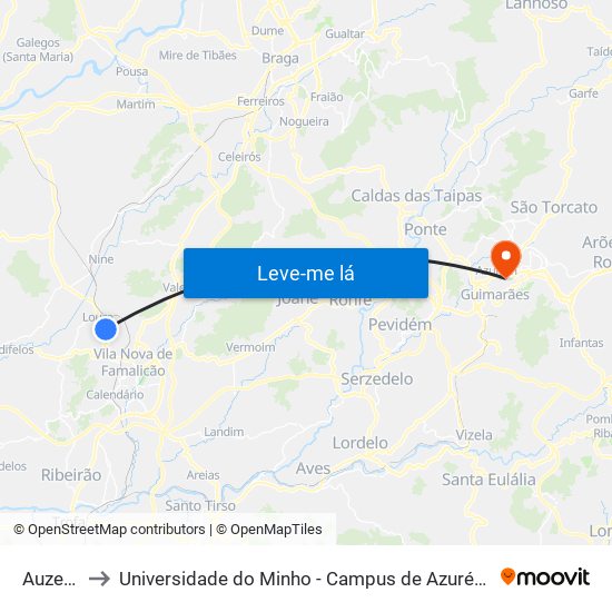 Auzende to Universidade do Minho - Campus de Azurém / Guimarães map