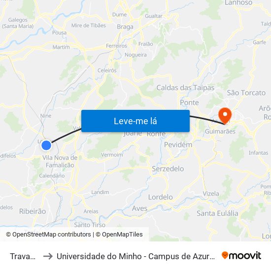 Travassos to Universidade do Minho - Campus de Azurém / Guimarães map