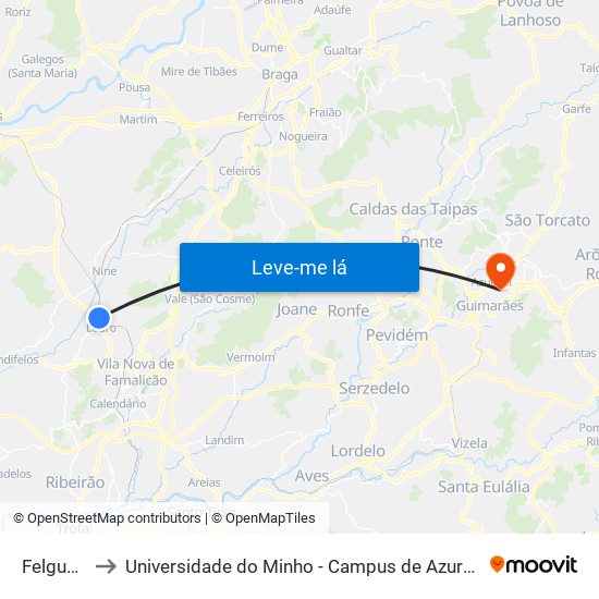 Felgueiras to Universidade do Minho - Campus de Azurém / Guimarães map