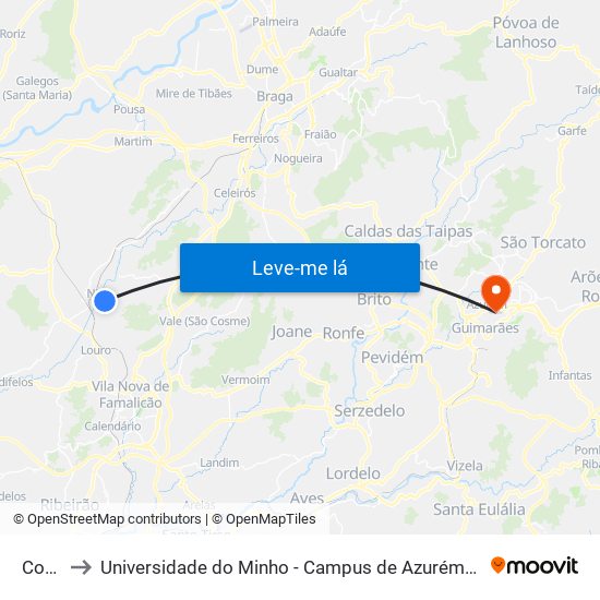 Coura to Universidade do Minho - Campus de Azurém / Guimarães map