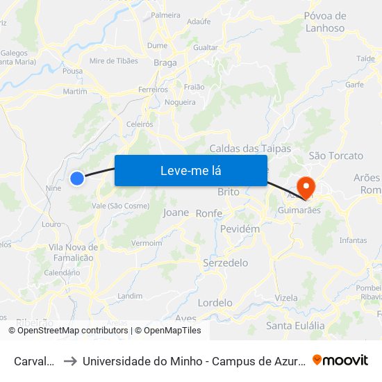 Carvalheira to Universidade do Minho - Campus de Azurém / Guimarães map