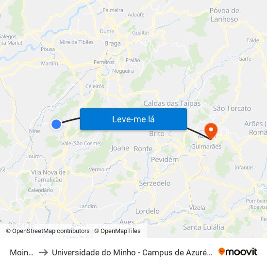 Moinhos to Universidade do Minho - Campus de Azurém / Guimarães map