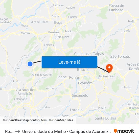 Rego to Universidade do Minho - Campus de Azurém / Guimarães map