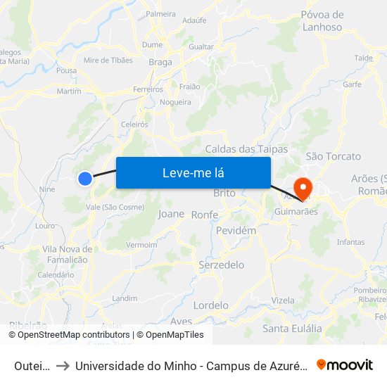 Outeiros to Universidade do Minho - Campus de Azurém / Guimarães map