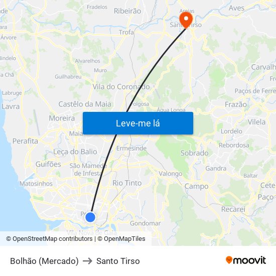 Bolhão (Mercado) to Santo Tirso map