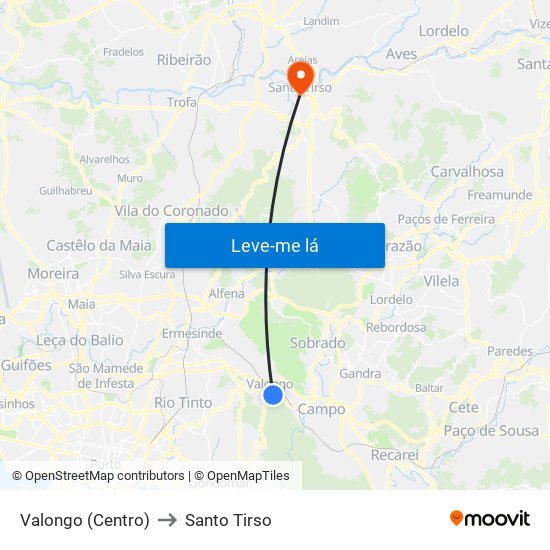 Valongo (Largo Patos) to Santo Tirso map