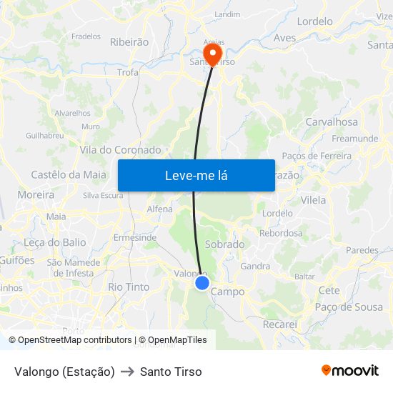 Valongo (Estação) to Santo Tirso map