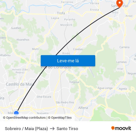 Sobreiro / Maia (Plaza) to Santo Tirso map