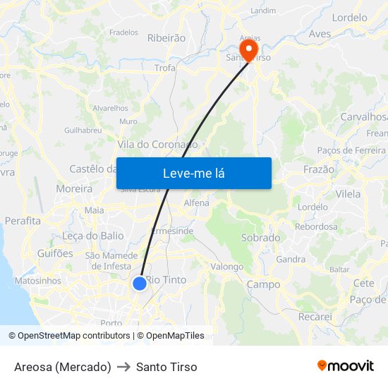 Areosa (Mercado) to Santo Tirso map