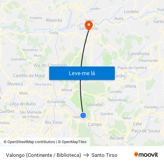 Valongo (Continente / Biblioteca) to Santo Tirso map