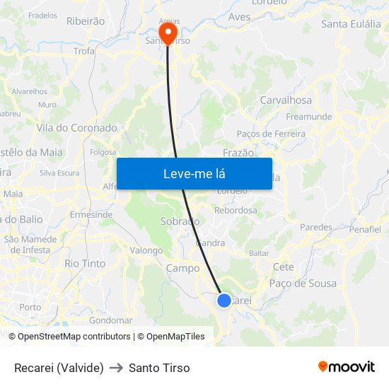 Recarei (Valvide) to Santo Tirso map