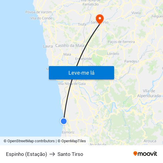 Espinho (Estação) to Santo Tirso map