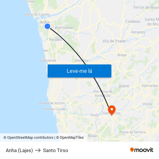 Anha (Lajes) to Santo Tirso map