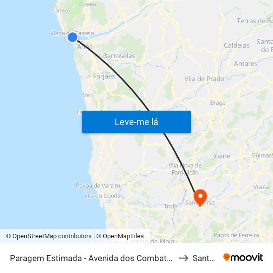 Paragem Estimada - Avenida dos Combatentes da Grande Guerra, 296 to Santo Tirso map