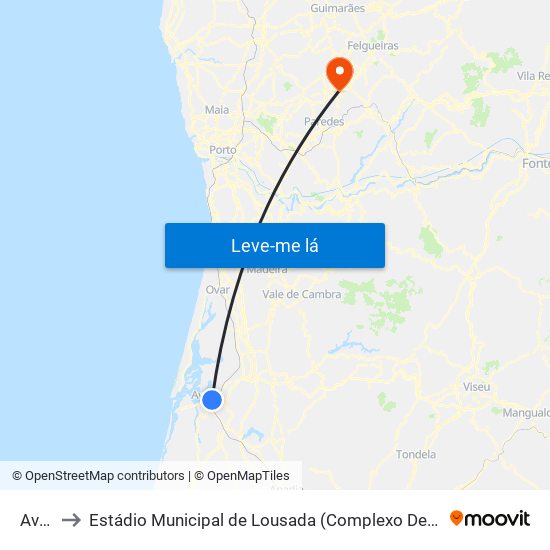 Aveiro to Estádio Municipal de Lousada (Complexo Desportivo de Lousada) map