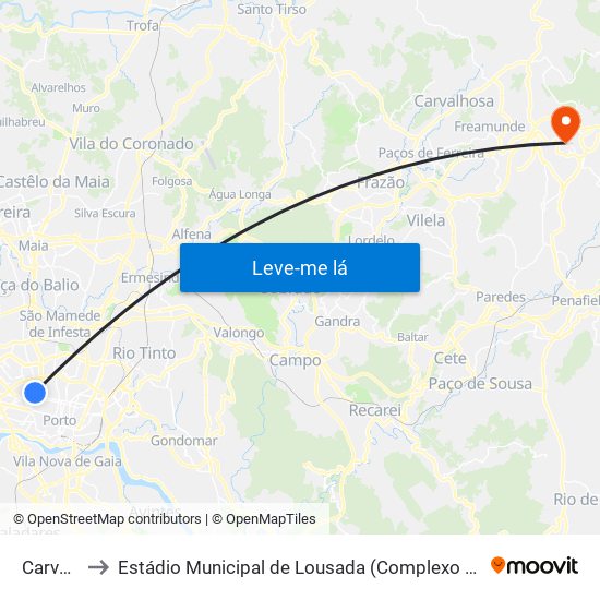 Carvalhido to Estádio Municipal de Lousada (Complexo Desportivo de Lousada) map