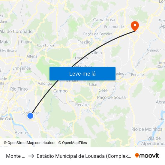 Monte Crasto to Estádio Municipal de Lousada (Complexo Desportivo de Lousada) map