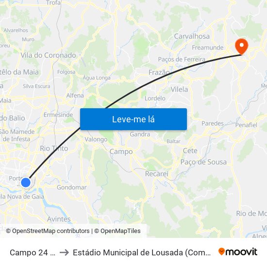 Campo 24 de Agosto to Estádio Municipal de Lousada (Complexo Desportivo de Lousada) map