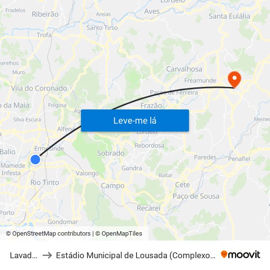 Lavadouros to Estádio Municipal de Lousada (Complexo Desportivo de Lousada) map