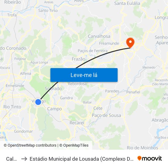 Calvário to Estádio Municipal de Lousada (Complexo Desportivo de Lousada) map