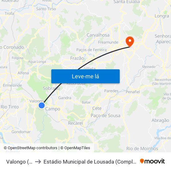Valongo (Estação) to Estádio Municipal de Lousada (Complexo Desportivo de Lousada) map