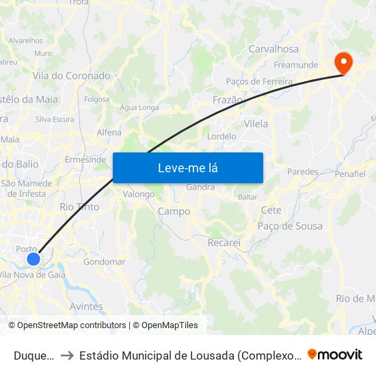 Duque Loulé to Estádio Municipal de Lousada (Complexo Desportivo de Lousada) map