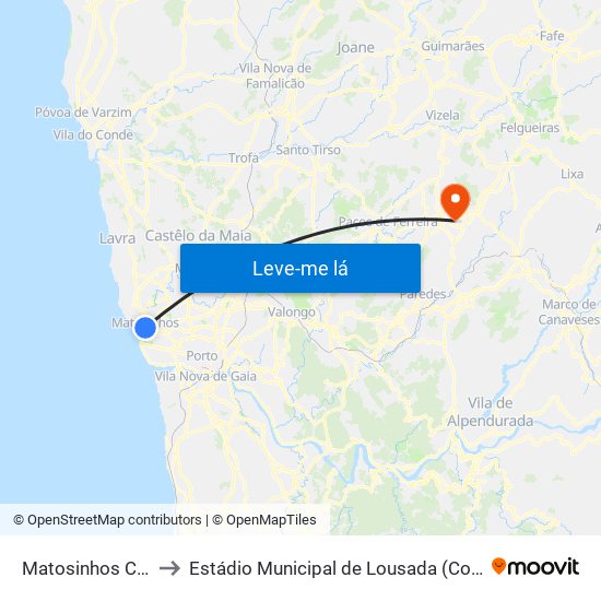 Matosinhos Câmara (Matc1) to Estádio Municipal de Lousada (Complexo Desportivo de Lousada) map