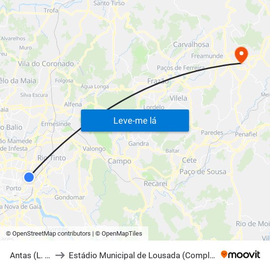 Antas (L. Cidadão) to Estádio Municipal de Lousada (Complexo Desportivo de Lousada) map