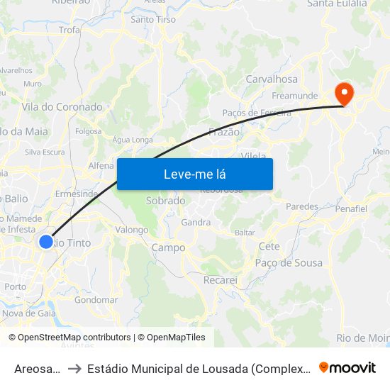 Areosa (Feira) to Estádio Municipal de Lousada (Complexo Desportivo de Lousada) map