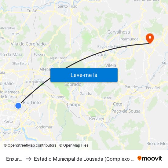 Enxurreiras to Estádio Municipal de Lousada (Complexo Desportivo de Lousada) map